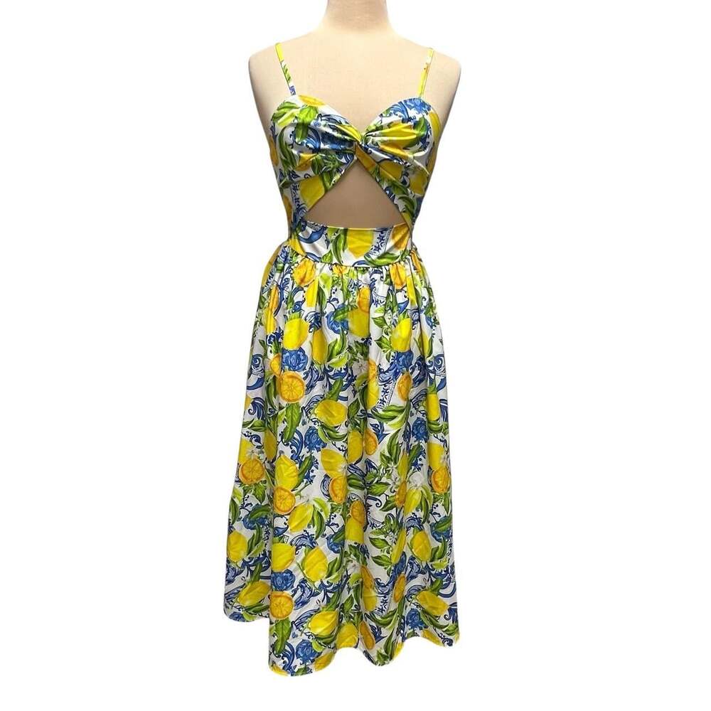 Shein Women’s Lemon Print Cut Out Sundress Yellow Blue Size 2 XS Summer Dress - Picture 2 of 8
